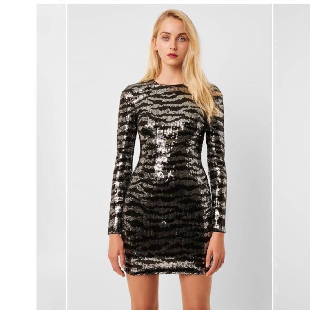 French Connection Ebba Tiger Sequin Mini Dress In Silver And Black Size‎ 0